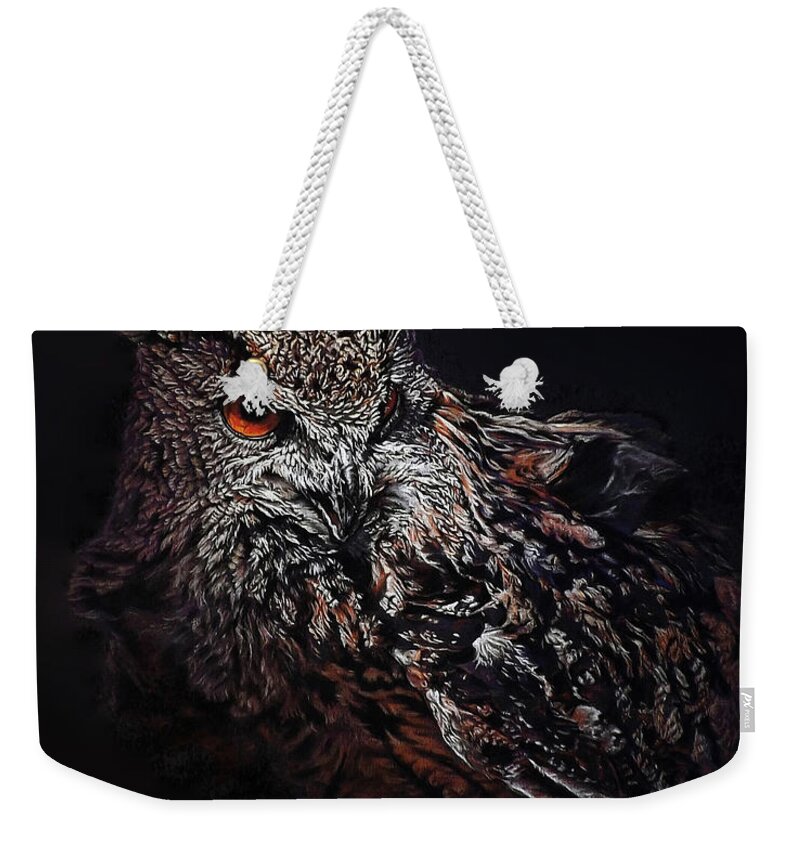 Eagle Owl Weekender Tote Bag featuring the painting Eagle Owl by Linda Becker