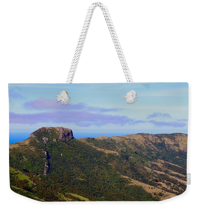  Akaroa Weekender Tote Bag featuring the photograph Akaroa Caldera Overlooking the South Pacific, New Zealand by Sarah Lilja