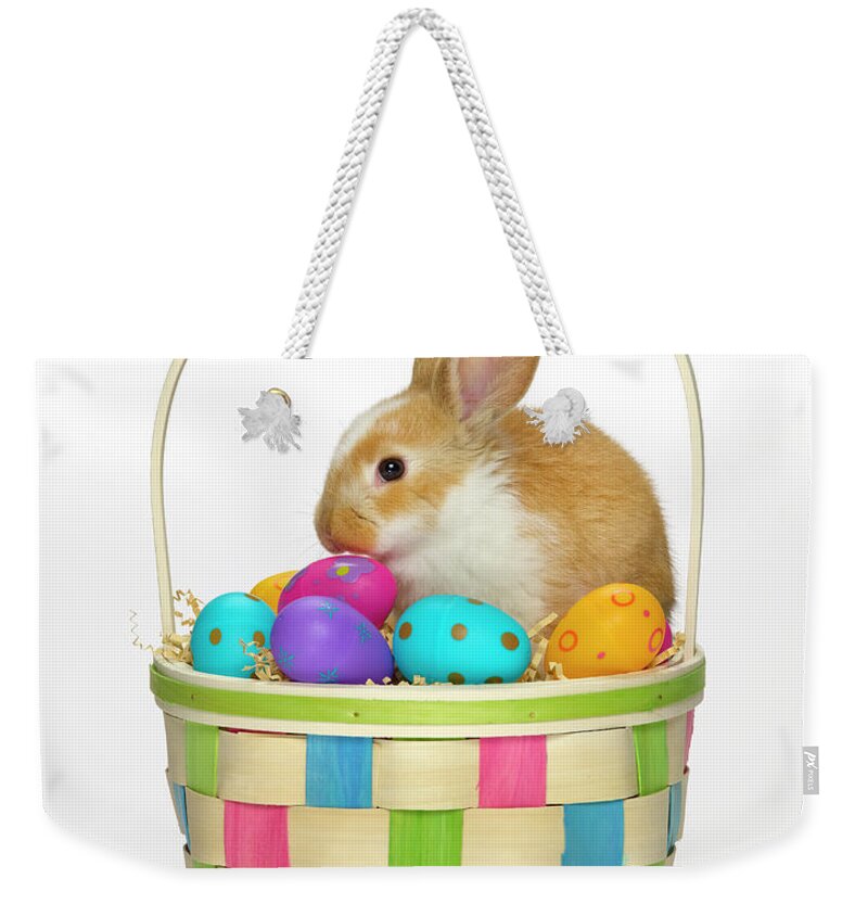 Pets Weekender Tote Bag featuring the photograph Easter Bunny In A Basket With Coloured by Don Farrall
