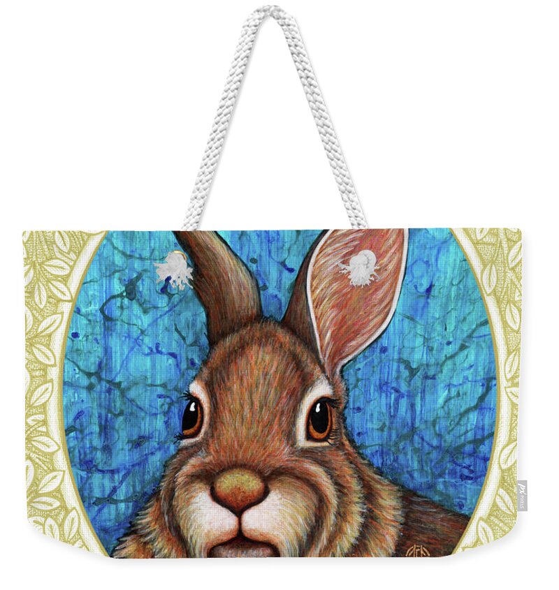 Animal Portrait Weekender Tote Bag featuring the painting Eastern Cottontail Portrait - Cream Border by Amy E Fraser
