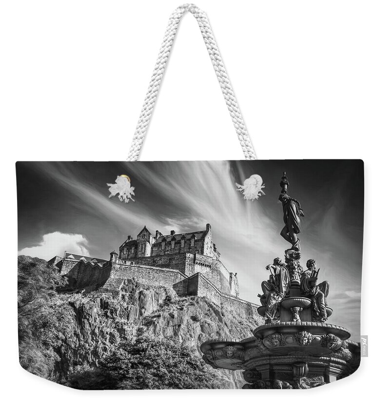 Edinburgh Castle Weekender Tote Bag featuring the photograph Edinburgh Castle Scotland Black and White by Carol Japp