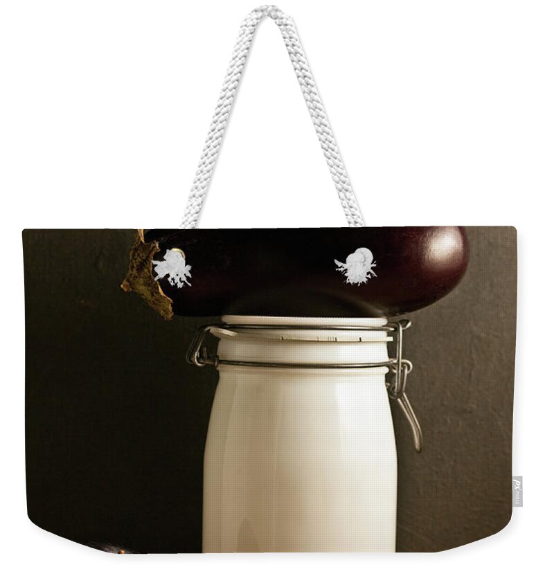 Plum Weekender Tote Bag featuring the photograph Eggplant, Plum And Jar Still Life by Marilyn Conway