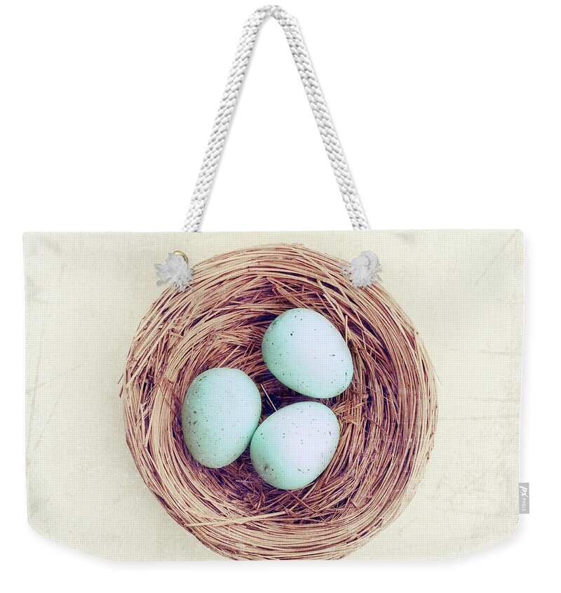White Background Weekender Tote Bag featuring the photograph Eggs Bird Nest by Carolyn Cochrane