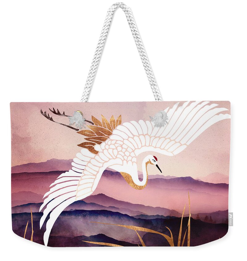Abstract Depiction Of A Crane Flying With Copper Weekender Tote Bag featuring the digital art Elegant Flight III by Spacefrog Designs