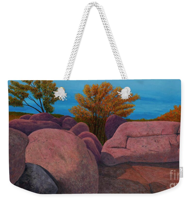 Elephant Rocks Weekender Tote Bag featuring the painting Elephant Rocks Autumns Peak by Garry McMichael
