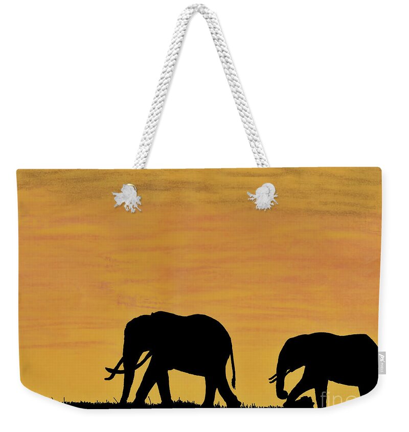 Elephants Weekender Tote Bag featuring the drawing Elephants - At - Sunset by D Hackett