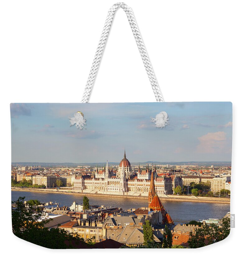 Hungarian Parliament Building Weekender Tote Bag featuring the photograph Elevated View Over The Hungarian by Douglas Pearson