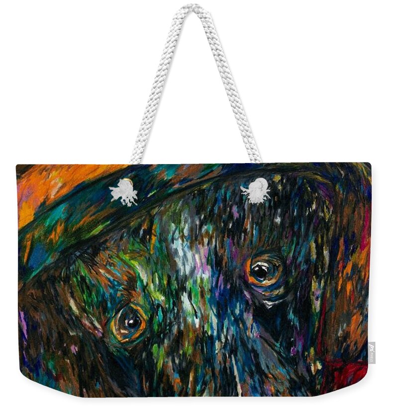 My Dog. Don't Get Fooled. Just Say No. Poor Thing. Keep Trying. Not Today. Weekender Tote Bag featuring the drawing Ellie begging by Jon Kittleson