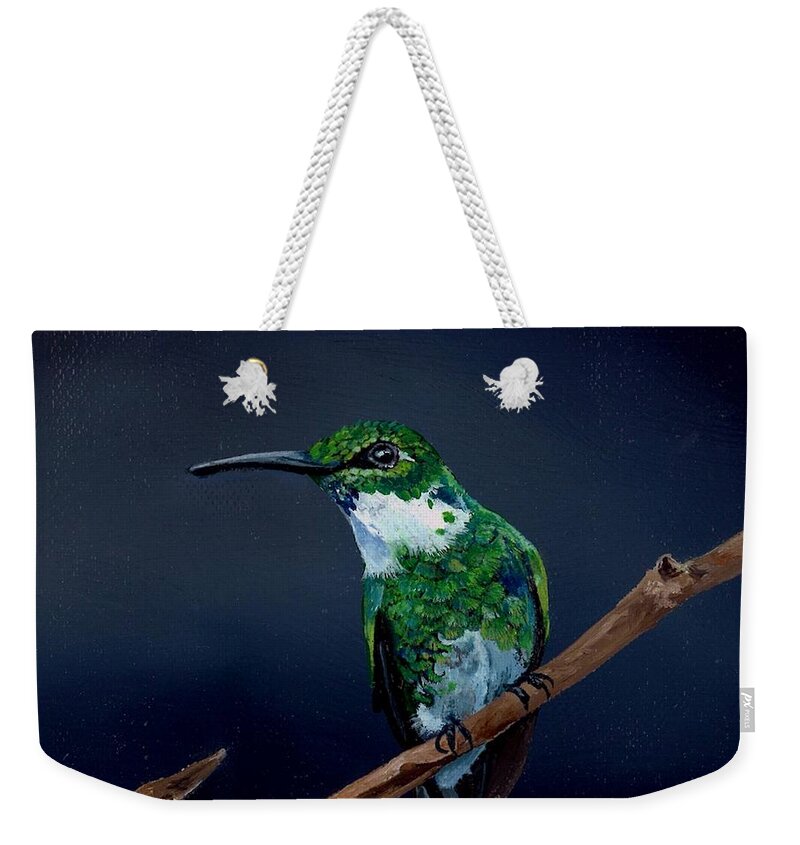 Birds Weekender Tote Bag featuring the painting Emerald Hummer by Dana Newman
