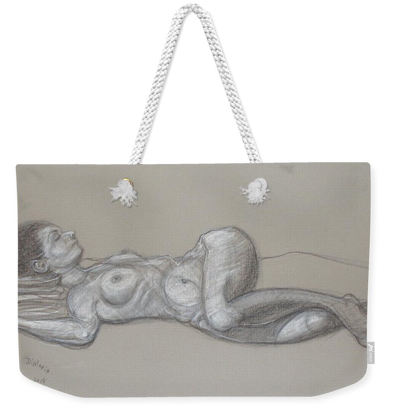 Realism Weekender Tote Bag featuring the drawing Emily Reclining 2 by Donelli DiMaria