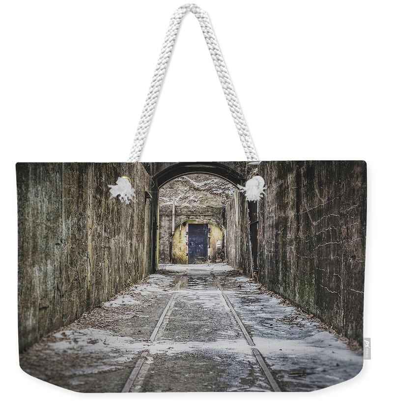 Sandy Hook Weekender Tote Bag featuring the photograph End Of The Tracks by Steve Stanger