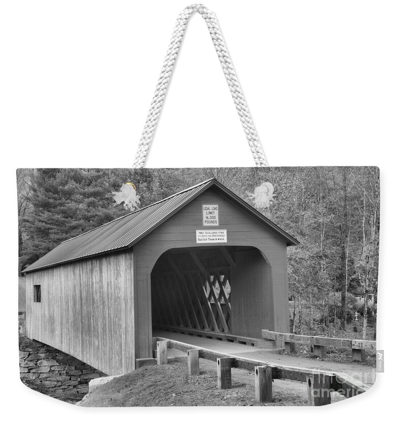 Green River Covered Bridge Weekender Tote Bag featuring the photograph Entrance To The Green River Covered Bridge Black And White by Adam Jewell