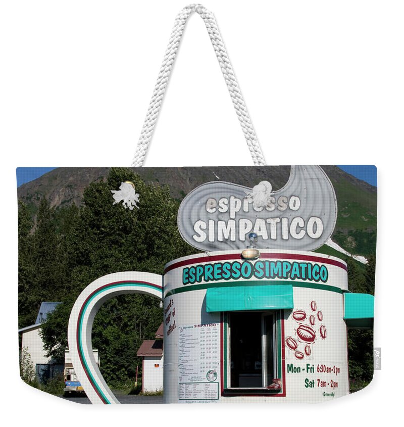 Coffee Weekender Tote Bag featuring the painting Espresso Simpatico Coffee Shop, Seward, Alaska by 