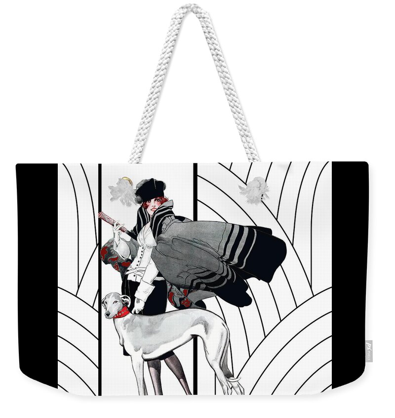 Fashionable Woman Weekender Tote Bag featuring the painting Ester and Her Greyhound Art Deco Haute Couture Fashion illustration by Tina Lavoie