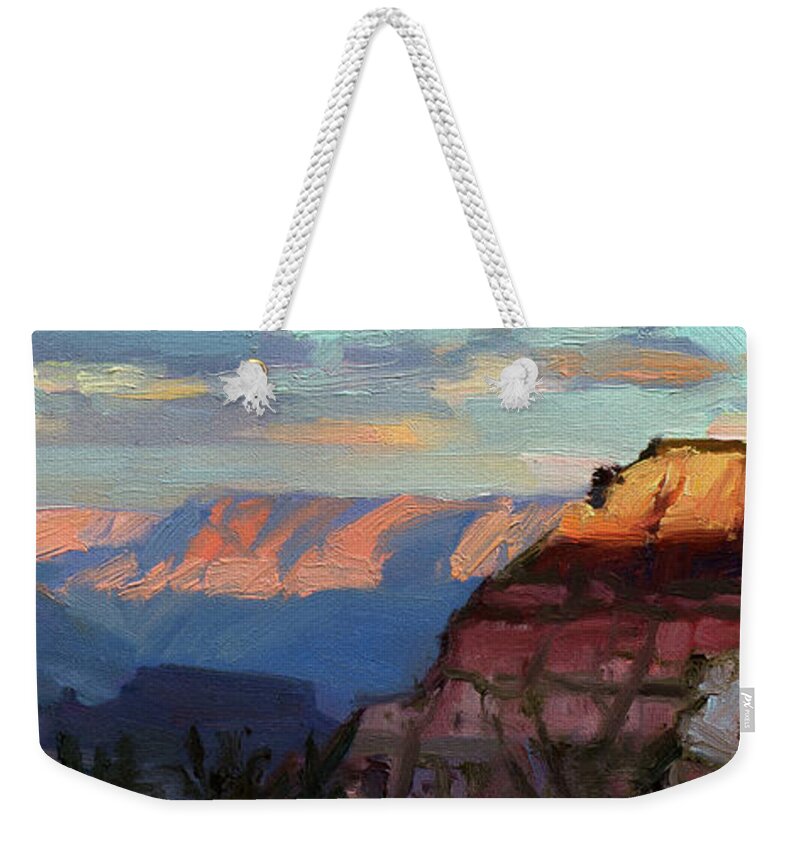 Southwest Weekender Tote Bag featuring the painting Evening Light at the Grand Canyon by Steve Henderson