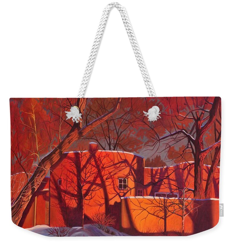 Taos Weekender Tote Bag featuring the painting Evening Shadows on a Round Taos House by Art West