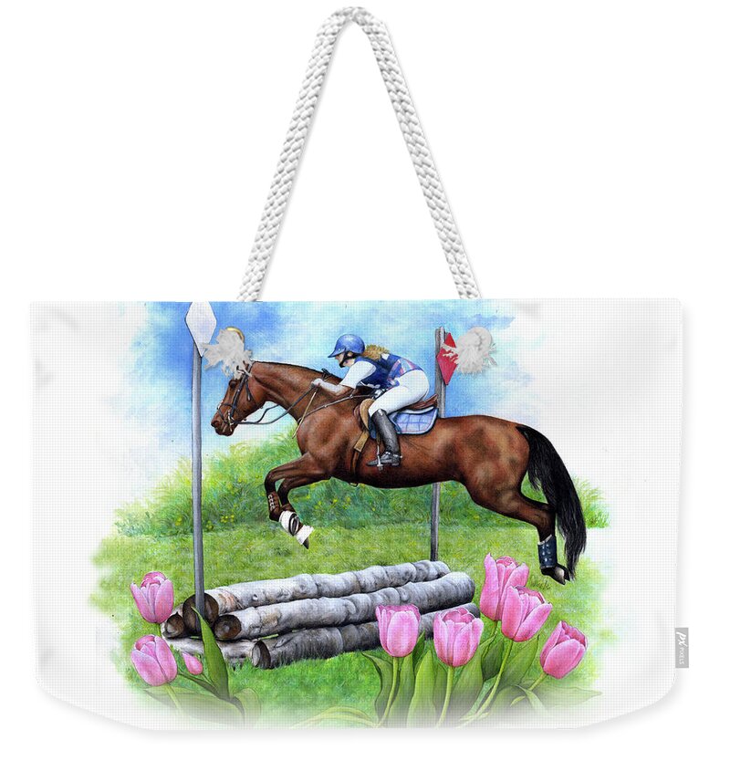 Commissioned Event Jumping Watercolour Art By Patrice Weekender Tote Bag featuring the painting Event Jumping by Patrice Clarkson