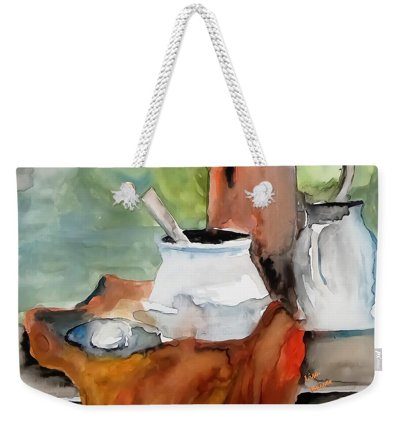 Egg Weekender Tote Bag featuring the digital art Ewer Egg And Sugar Bowl Painting by Lisa Kaiser