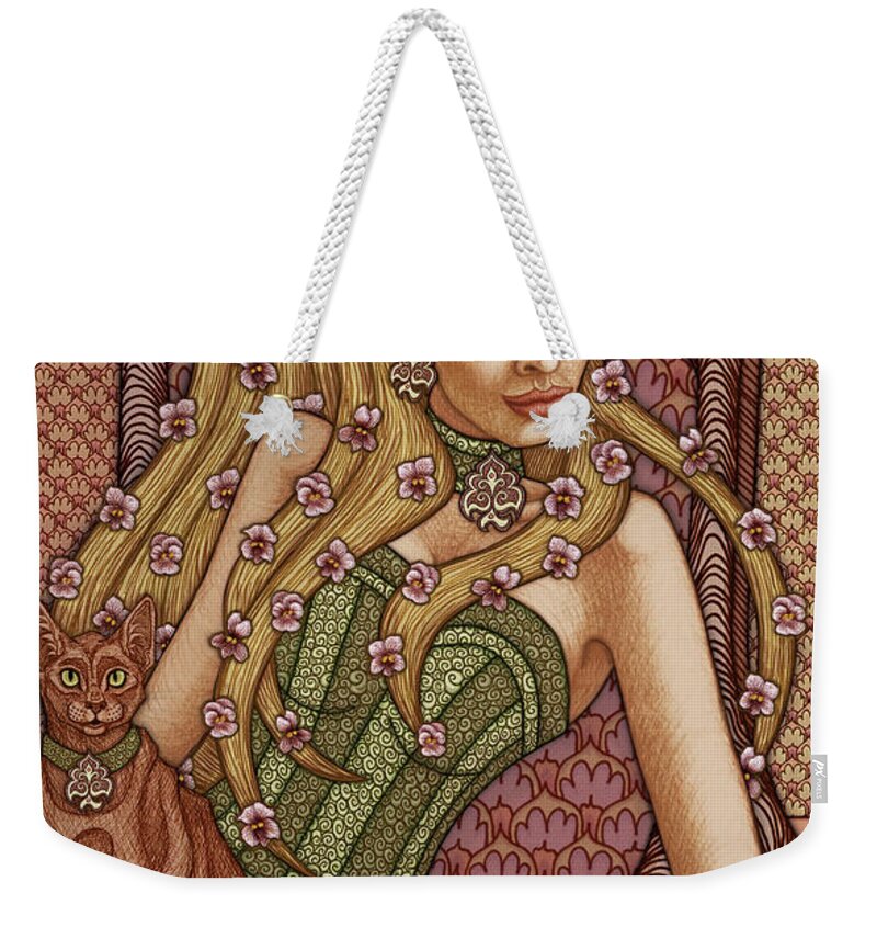 Cat Lady Weekender Tote Bag featuring the mixed media Exalted Beauty Lorelei 2019 by Amy E Fraser