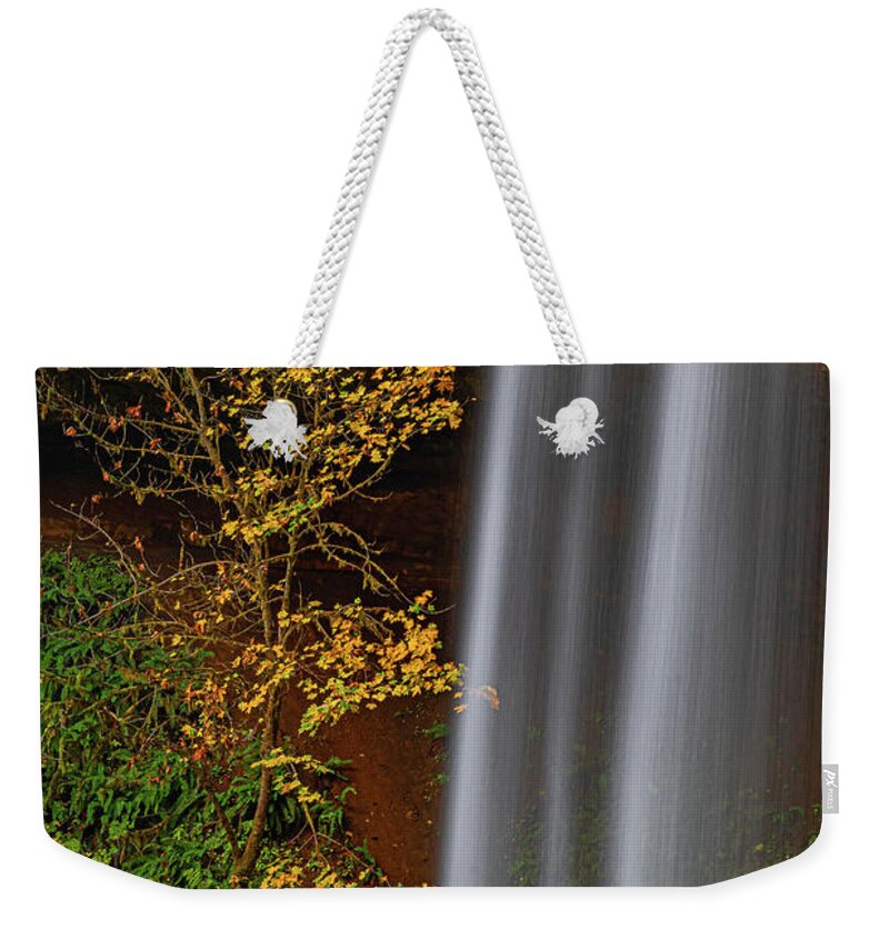 Shellburg Falls Weekender Tote Bag featuring the photograph Fall colors in the shadow of the falls by Ulrich Burkhalter