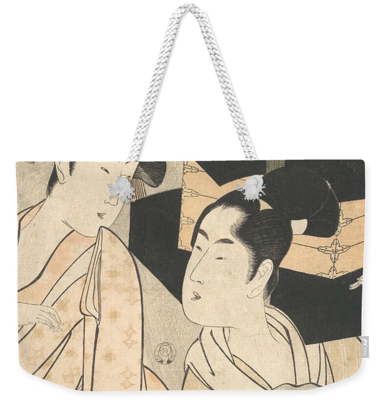 19th Century Art Weekender Tote Bag featuring the relief Fan Vendor by Kitagawa Utamaro