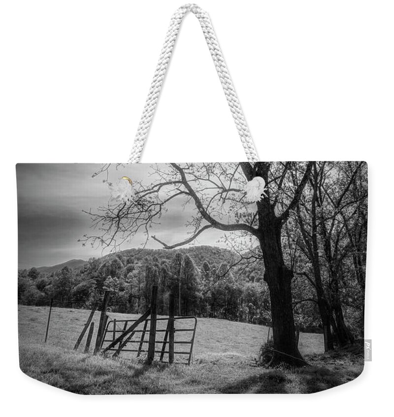 Appalachia Weekender Tote Bag featuring the photograph Farm Gate in Black and White by Debra and Dave Vanderlaan