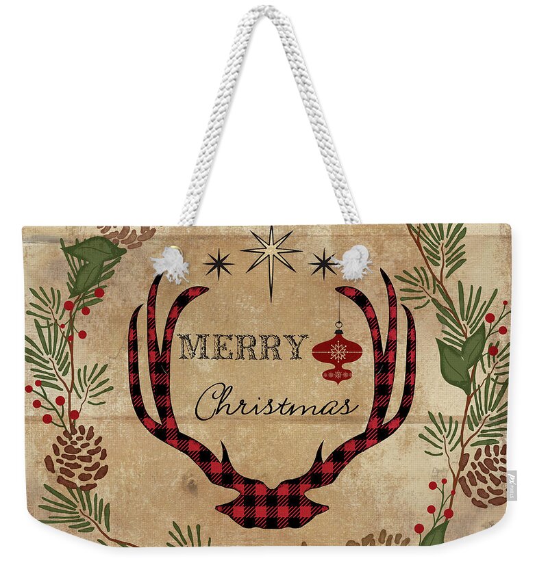 Merry Christmas Weekender Tote Bag featuring the painting Farmhouse Christmas Lodge Deer Antlers with wreath by Audrey Jeanne Roberts