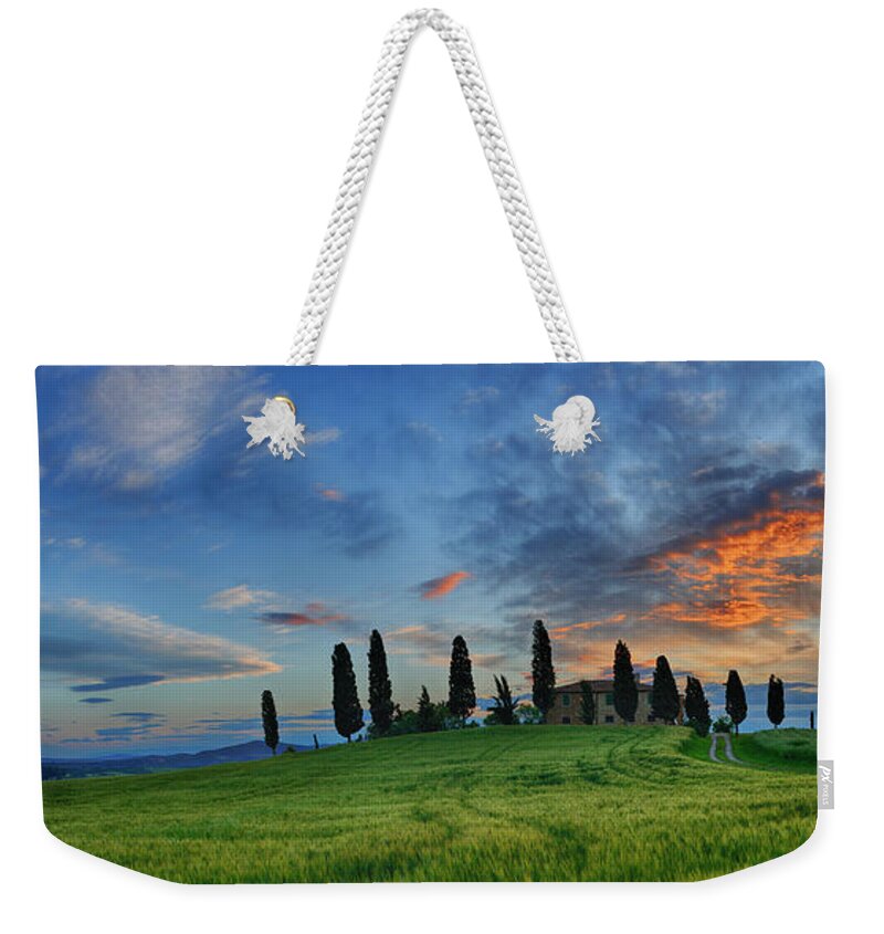 Tranquility Weekender Tote Bag featuring the photograph Farmhouse With Cypress Trees At Sunrise by Martin Ruegner