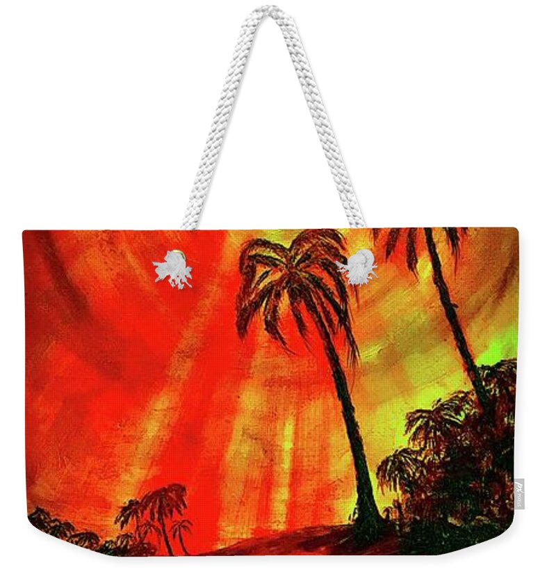 Sunset Beach Weekender Tote Bag featuring the painting Evening of Yellow Sun by Michael Silbaugh