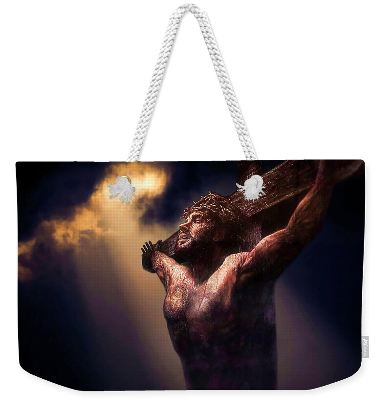 Jesus Christ Weekender Tote Bag featuring the photograph Father, Into Your Hands I Commend My Spirit by Donna Kennedy
