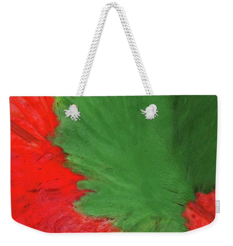 Abstract Weekender Tote Bag featuring the mixed media Feather Dancer Red and Green by Sharon Williams Eng