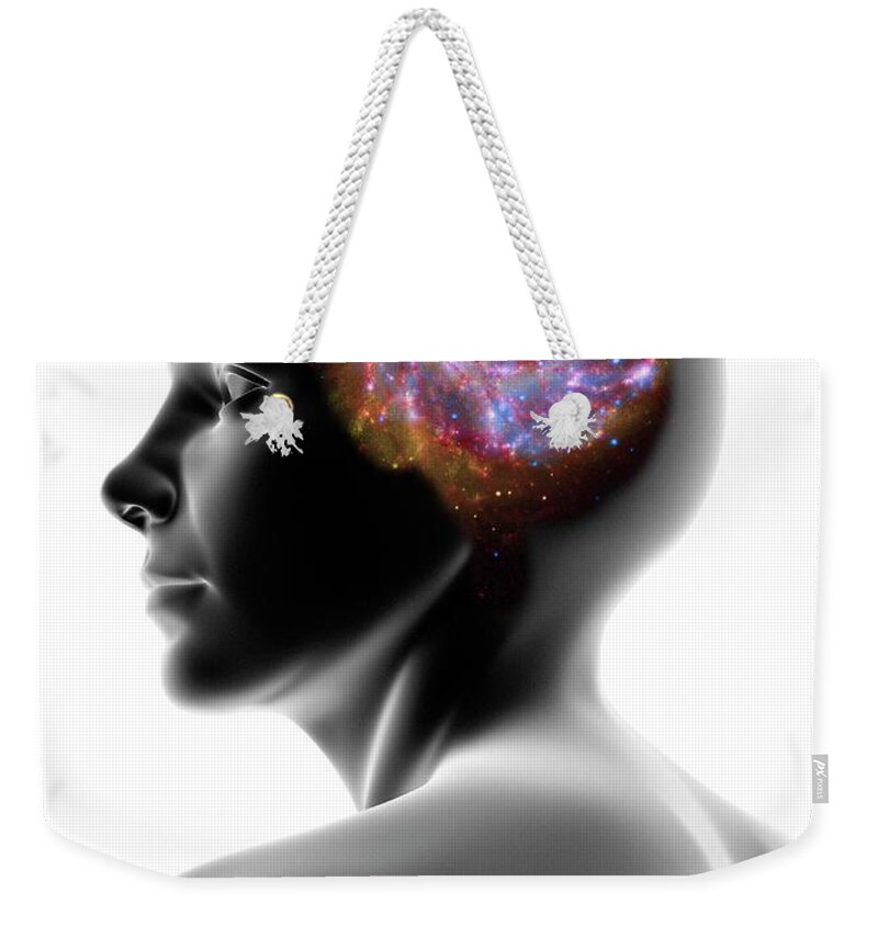 White Background Weekender Tote Bag featuring the digital art Female Head And Spiral Galaxy by Pasieka