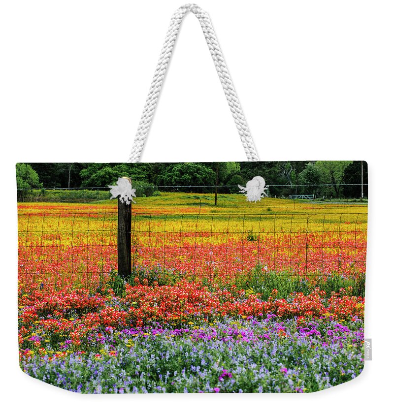 Texas Bluebonnets Weekender Tote Bag featuring the photograph Fence Post of Color by Johnny Boyd