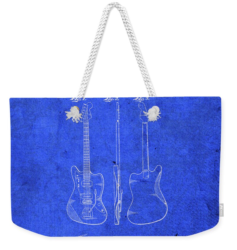 Fender Weekender Tote Bag featuring the mixed media Fender Electric Guitar Patent Blueprint by Design Turnpike