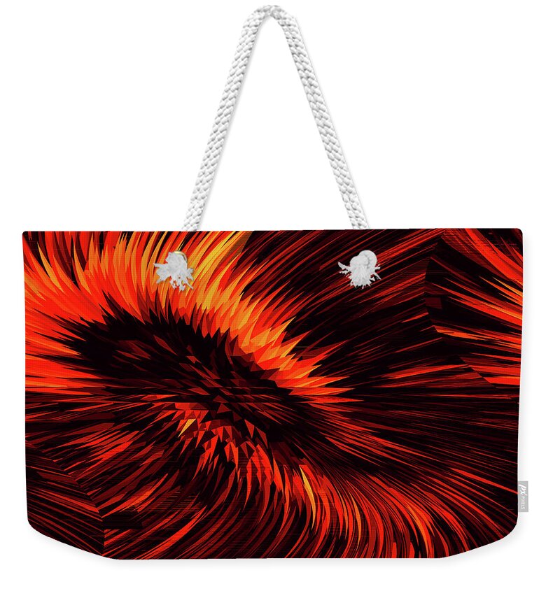 Flame Weekender Tote Bag featuring the digital art Fiery Swirling Creative Abstract Design by Raj Kamal