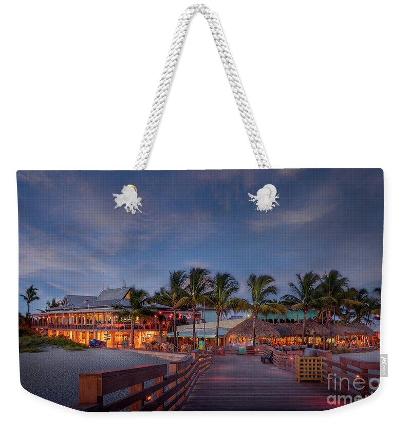 Caspersen Beach Weekender Tote Bag featuring the photograph Fins and Sharky's at the Pier in Venice, Florida by Liesl Walsh