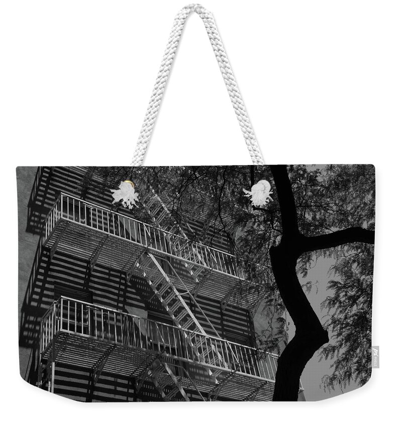 Tree Weekender Tote Bag featuring the photograph Fire escape and tree #2 by Alan Goldberg