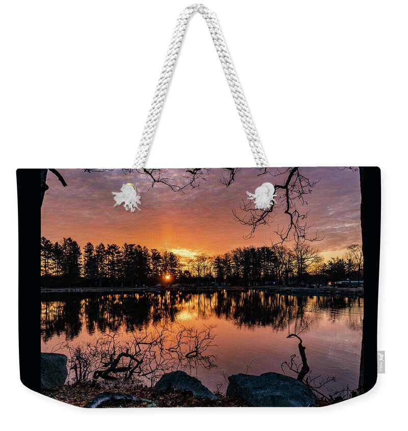 Red Morning Weekender Tote Bag featuring the photograph Fire on the Water by William Bretton