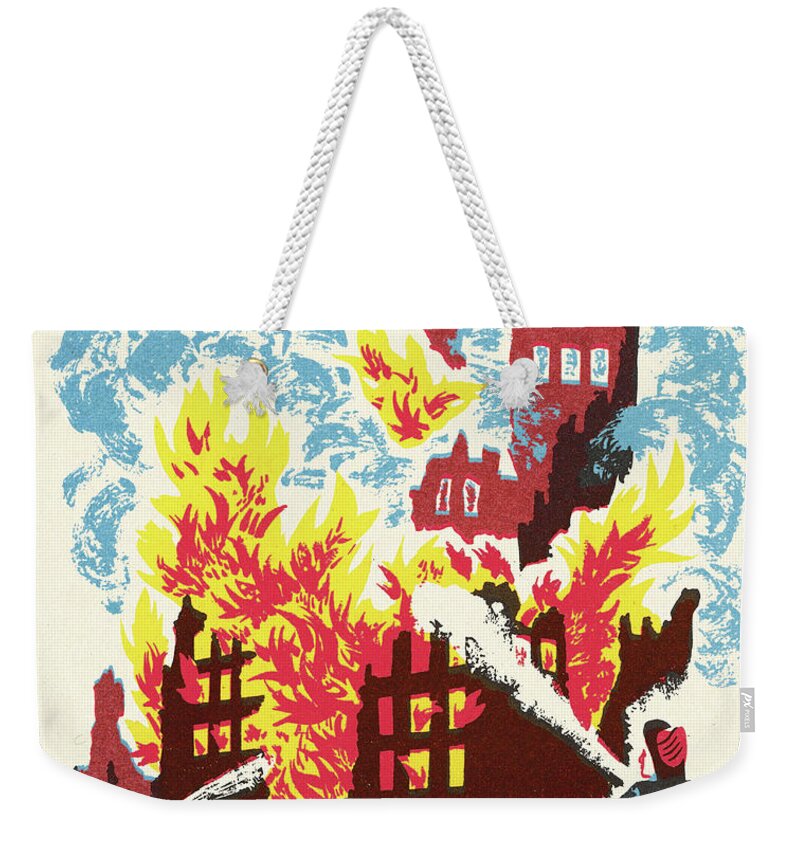 Accident Weekender Tote Bag featuring the drawing Firefighter Spraying Water on a Burning Building by CSA Images
