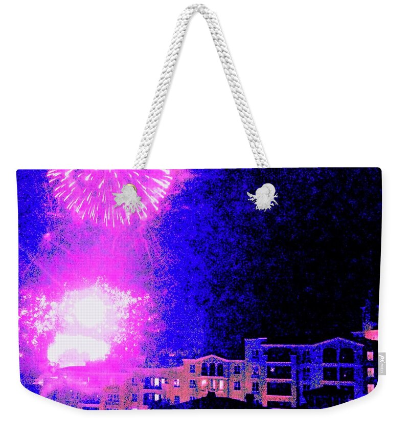 Debra Grace Addison Weekender Tote Bag featuring the photograph Fireworks Over Village by Debra Grace Addison