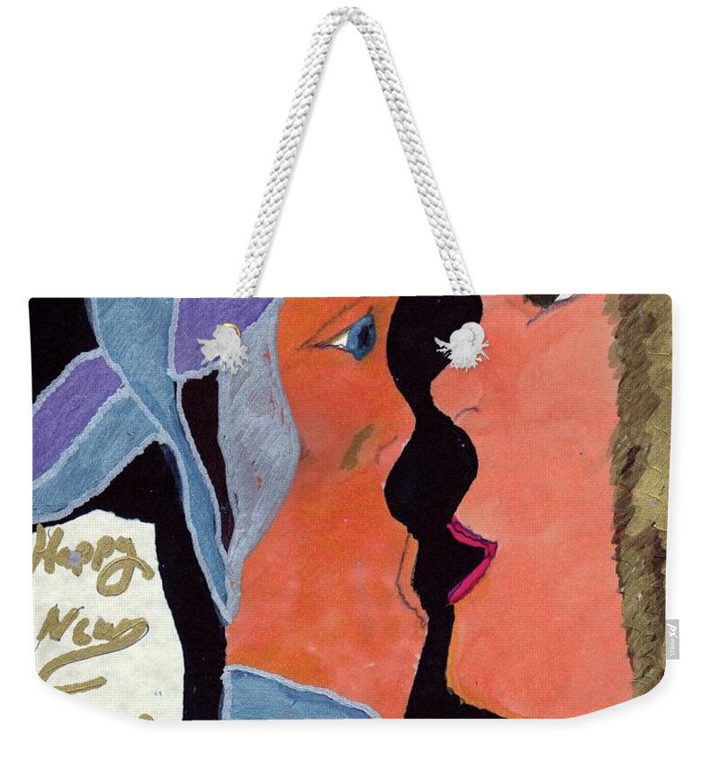 New Years First Kiss Weekender Tote Bag featuring the mixed media First Kiss by Elinor Helen Rakowski