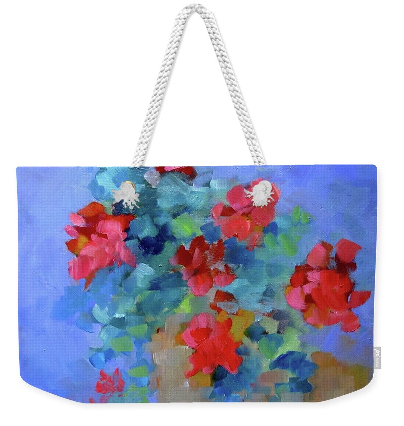 Geraniums Weekender Tote Bag featuring the painting First Thing by Adele Bower