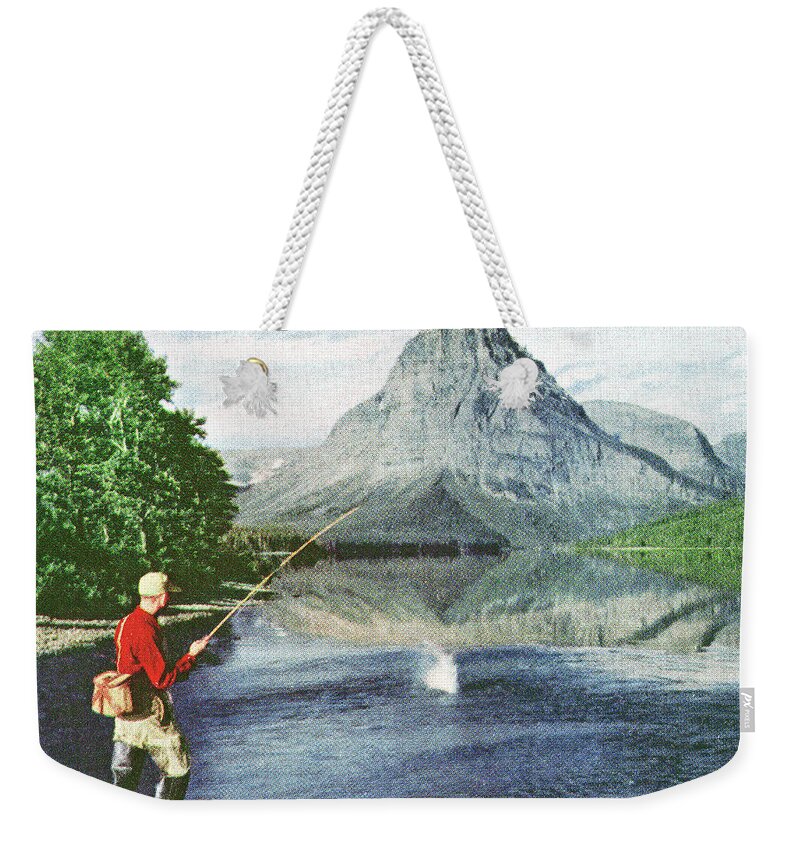 Activity Weekender Tote Bag featuring the drawing Fisherman Wading in a Lake by a Mountain by CSA Images