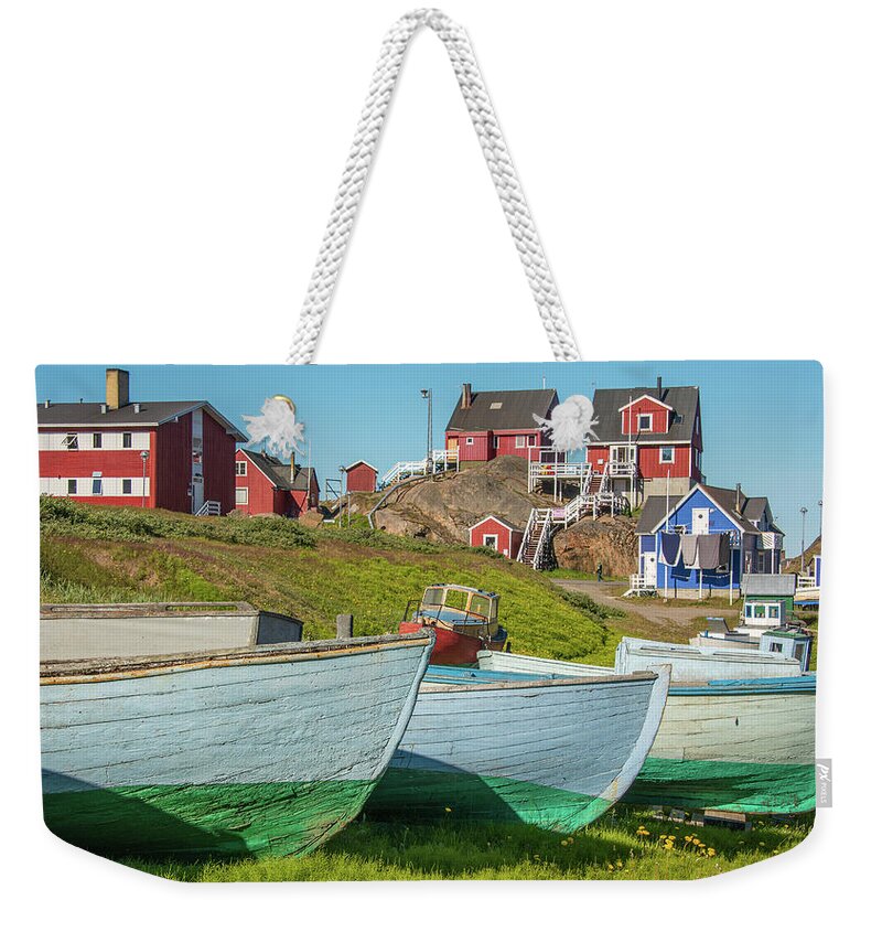 Arctic Weekender Tote Bag featuring the photograph Greenland Fishing Boats by Minnie Gallman