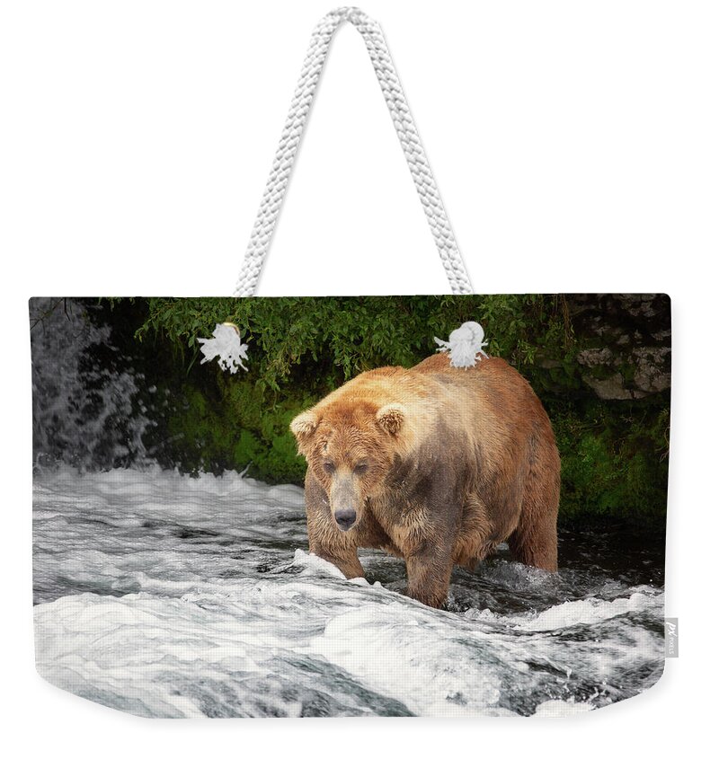 Alaska Weekender Tote Bag featuring the photograph Fishing next to cliff by Alex Mironyuk