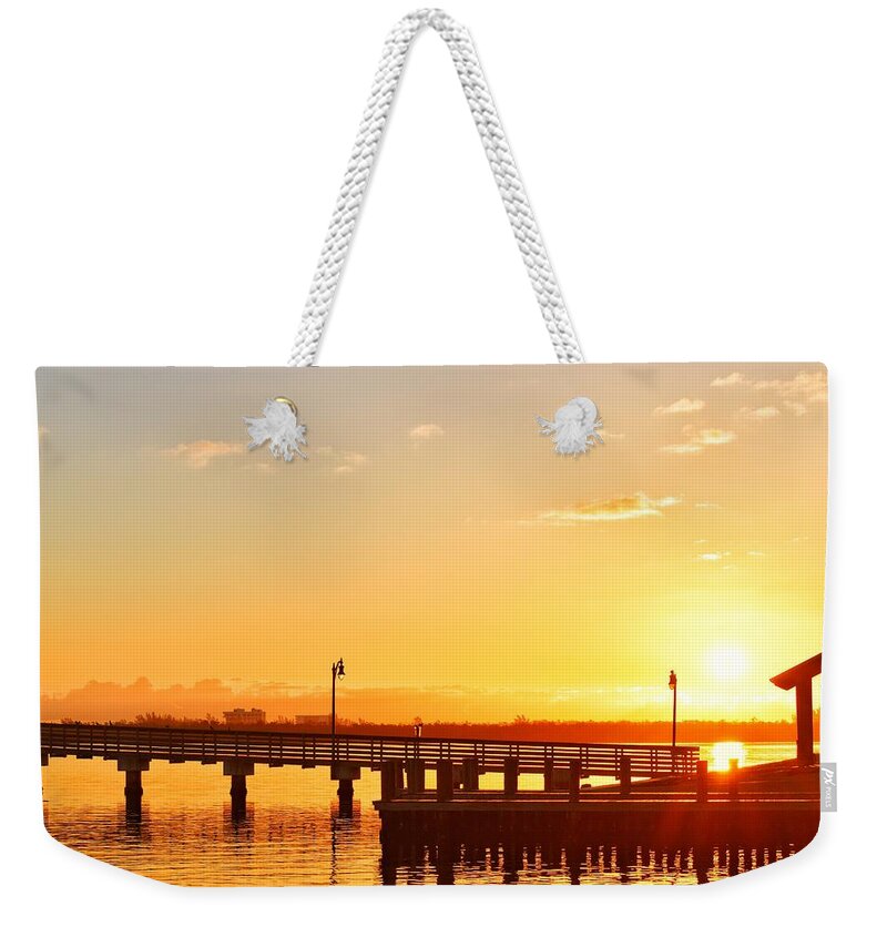Landscape Weekender Tote Bag featuring the photograph Fishing Pier at Sunrise by Vicki Lewis