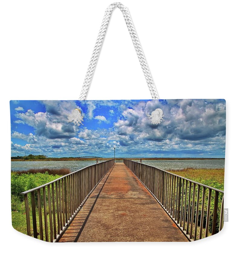 Calm Weekender Tote Bag featuring the photograph Fishing Pier in Marsh by Darryl Brooks