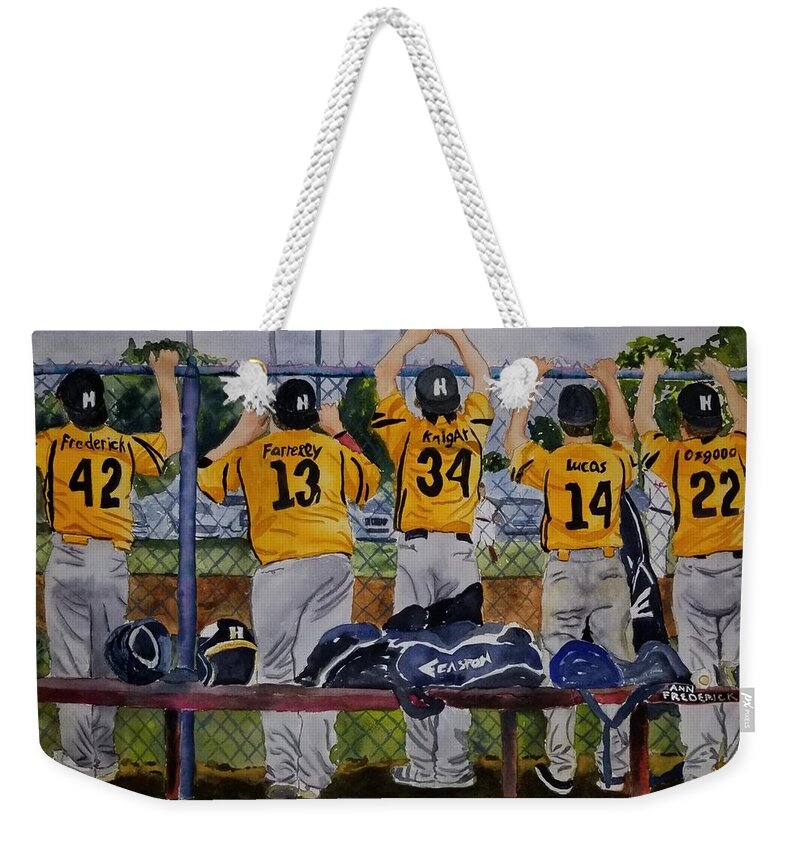 Baseball Weekender Tote Bag featuring the painting Five Amigos in the Hartland by Ann Frederick