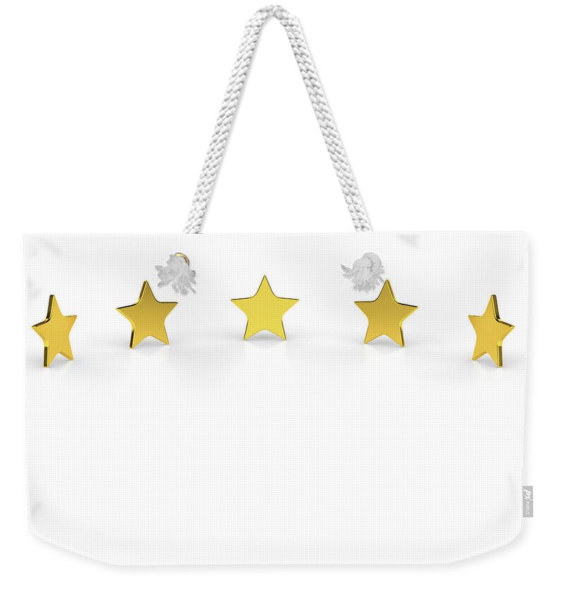 Five Objects Weekender Tote Bag featuring the digital art Five Golden Stars On White Background by Bjorn Holland