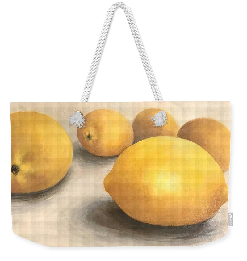 Lemon Weekender Tote Bag featuring the painting Five Lemons by Torrie Smiley